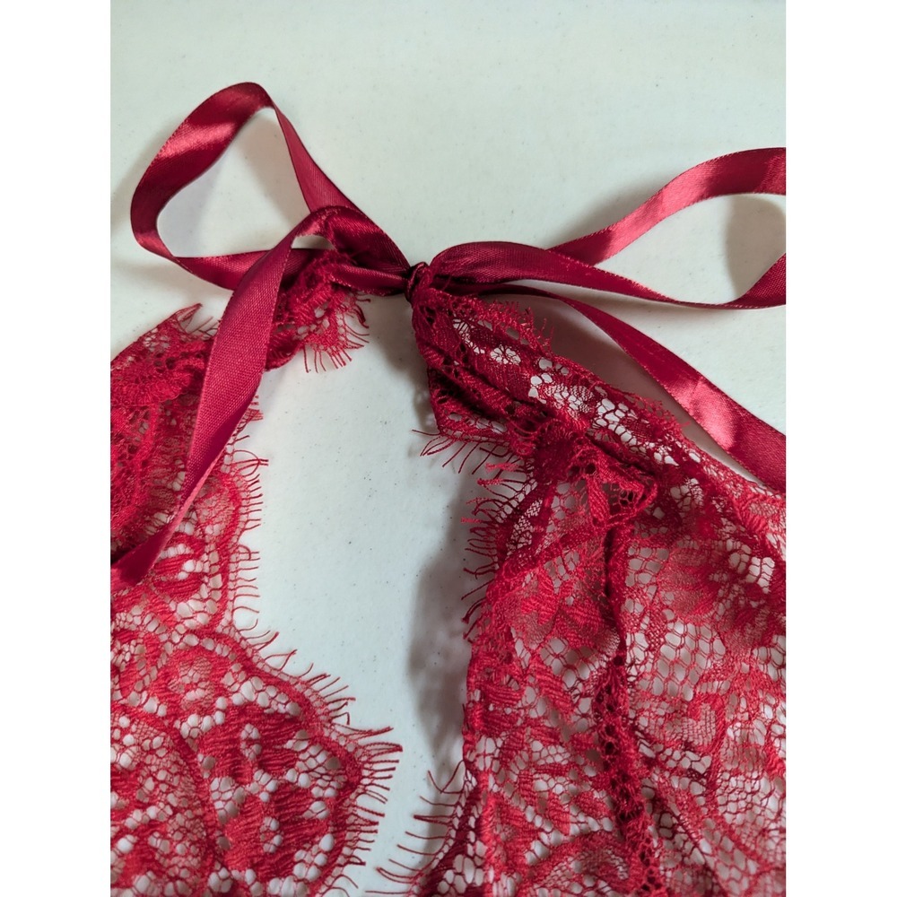 Sheer Lace Halter Teddy Bodysuit Deep V‎ Neck Red Ribbon Tie Size S - Picture 4 of 10